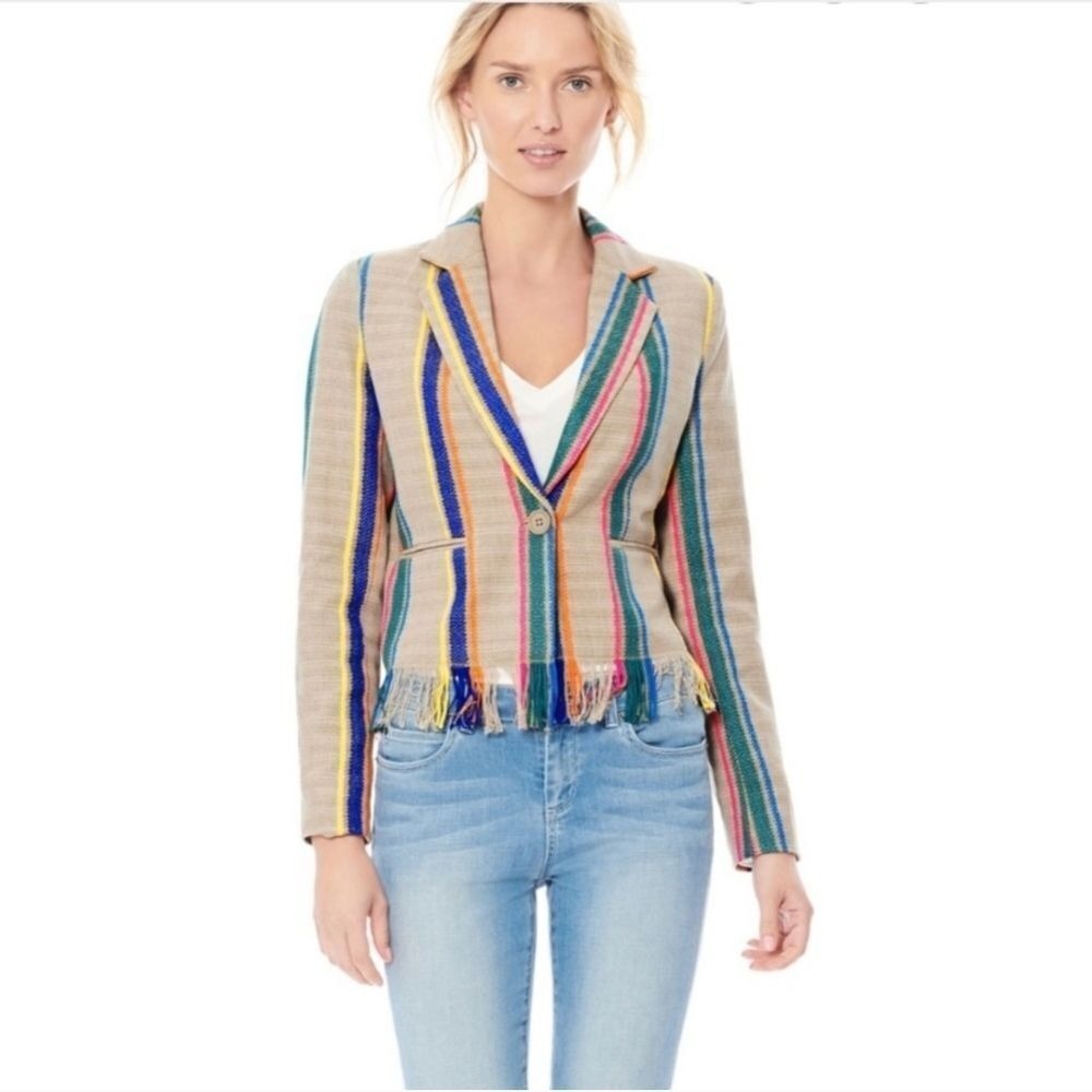 Ecru Striped Fringe Hem Blazer Multi-Color Boho Textured Jacket Beige Womens